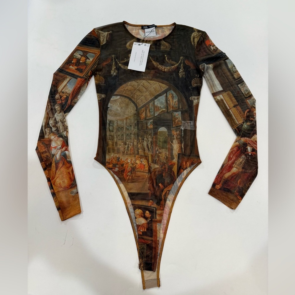 ZARA Renaissance Art Studio of Apelles Sheer Mesh Long Sleeve Bodysuit